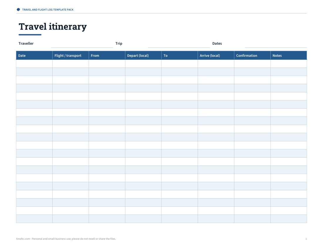 Preview of the first page of Itinerary (PDF/DOCX)
