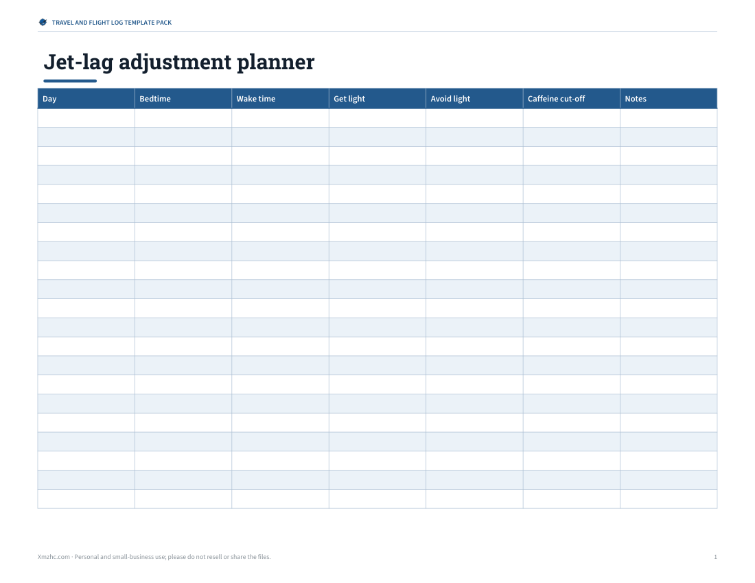 Preview of the first page of Jet-lag planner (PDF/DOCX)